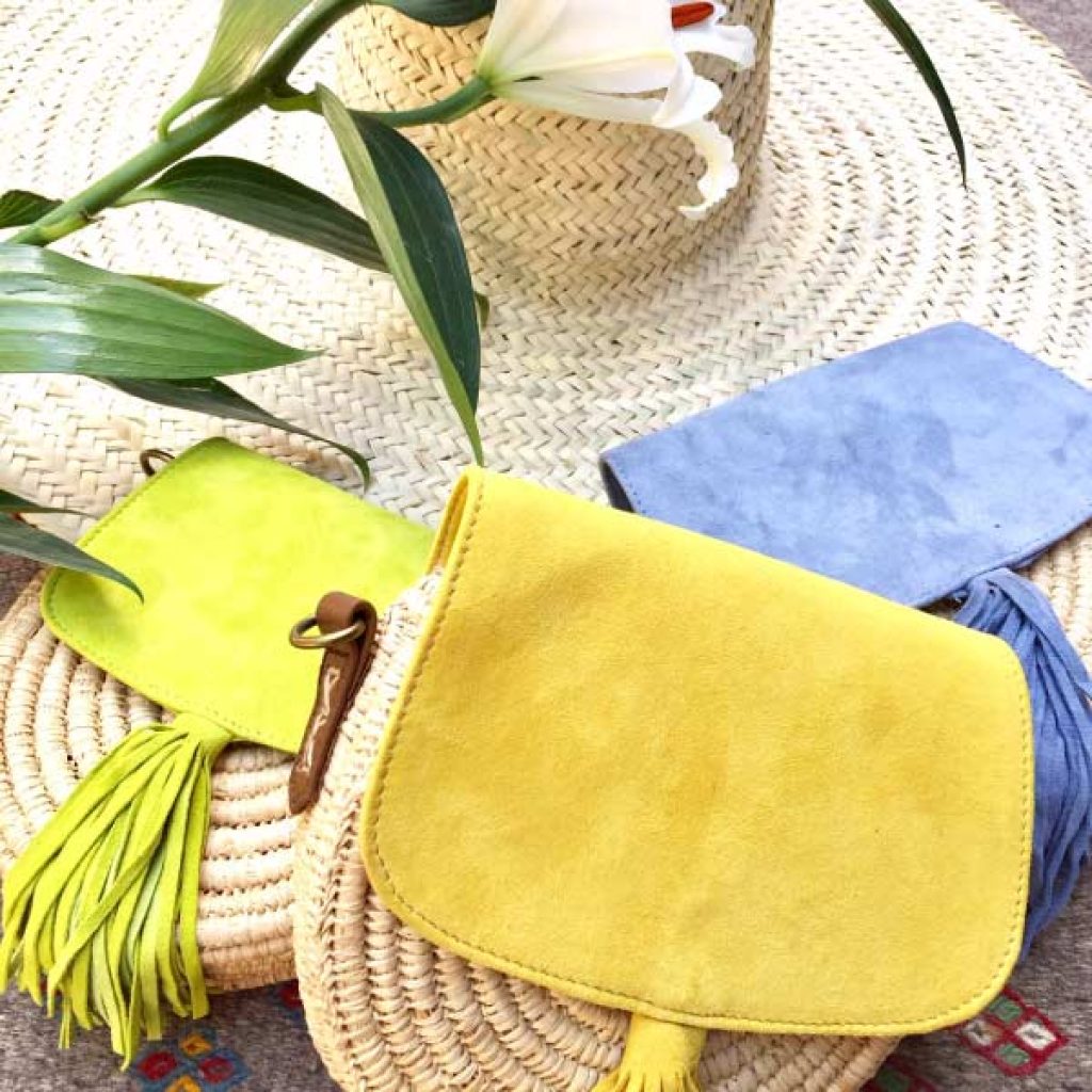 sac à main daim raphia jaune, sac d'été, sac fille, sac hand-made morocco maroc- sac fermeture bouton pression - DANDY BELDI